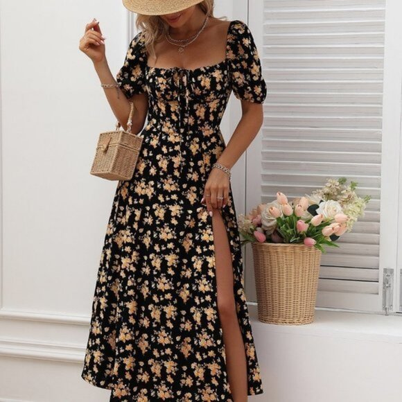 Black Boho Womens Allover Floral Knot Split Thigh A-line Dress - Picture 1 of 5